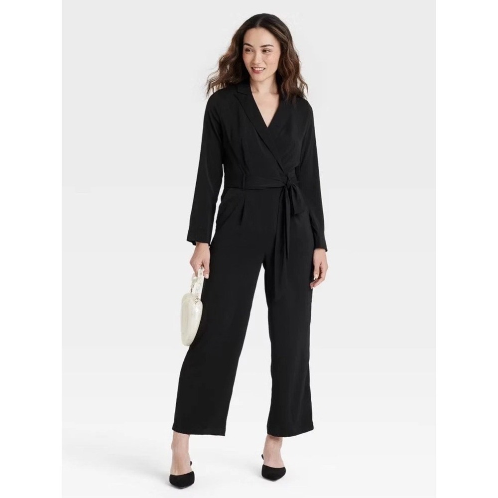 A New Day Long Sleeve Black Wrap Front Jumpsuit Size Medium